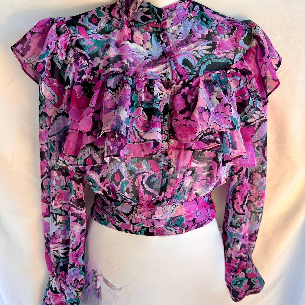 Zara Ruffled Pink and Black Long Sleeve Blouse